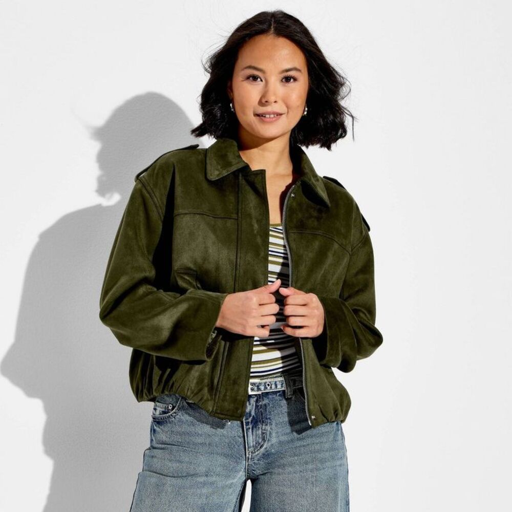 Women's Bubble Hem Faux Suede Jacket - Wild Fable Dark Green S